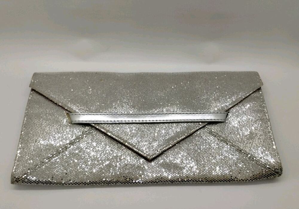 Victoria's Secret Silver Glitter Pink Lined Envelope Clutch Evening Handbag